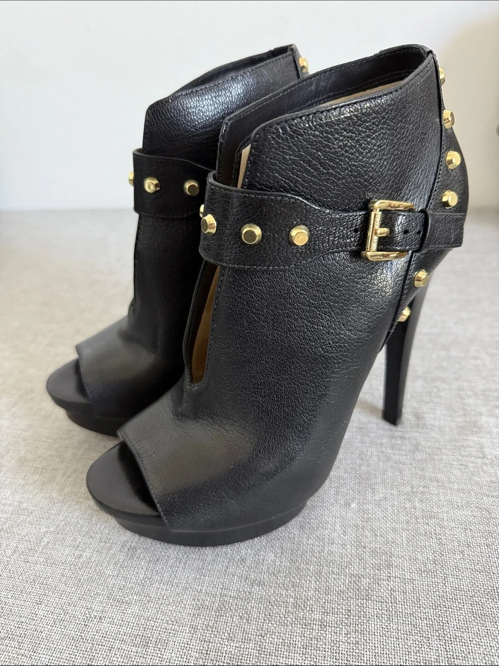 Michael Kors leather Black Peep-Toe Platform Booties with Gold Studs